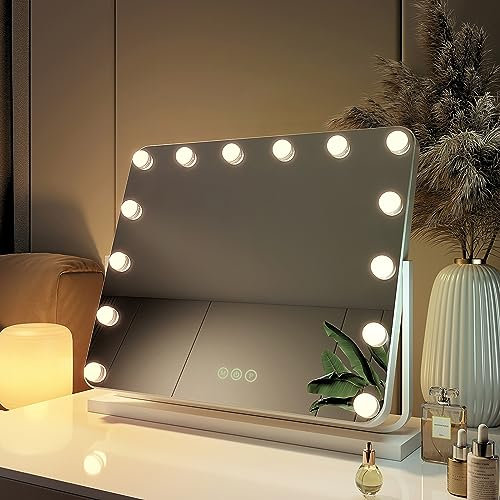 EMKE Hollywood Schminktisch Spiegel mit Beleuchtung, 3 Lichtfarben dimmbar, 360 Grad Spiegel, Schminkspiegel mit Beleuchtung mit Touch, Hollywood Spiegel mit 14 LED Lampen 60x52cm (Weiß)