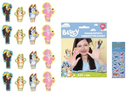 Bluey Geburtstagsparty-Zubehör-Set enthält 16 gestanzte, mehrfarbige Papier-Fingerpuppen für kreatives Spielen und interaktive Spiele und 1 Dinosaurier-Aufkleberbogen