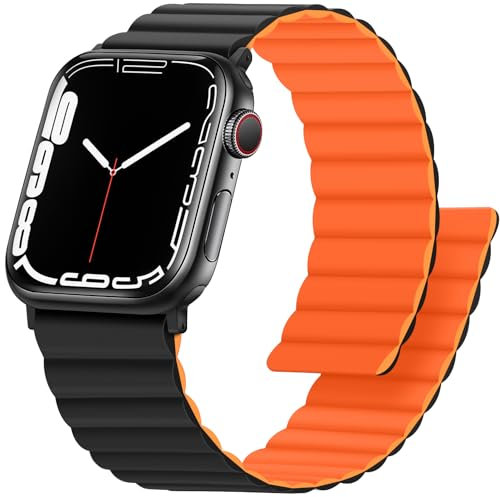 Anlinser Magnetbänder Kompatibel mit Apple Watch Armband 49/46/45/44/42mm, Doppelseitiges Wendbares Silikon-Ersatzband für iWatch Ultra 2 Serie 10/9/8/7/6-1 SE (Schwarz/Orange)