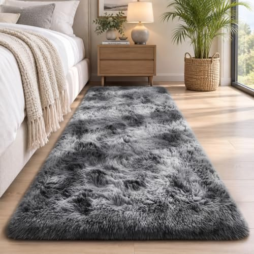 Sour Lemon Teppich, Wohnzimmer, 80 x 160 cm, grauer Läufer, für Schlafzimmer, waschbar, rutschfest, flauschig, zottelig, weich, modern, Bodenteppiche, Matte neben Teppichen für Kinder, Flur