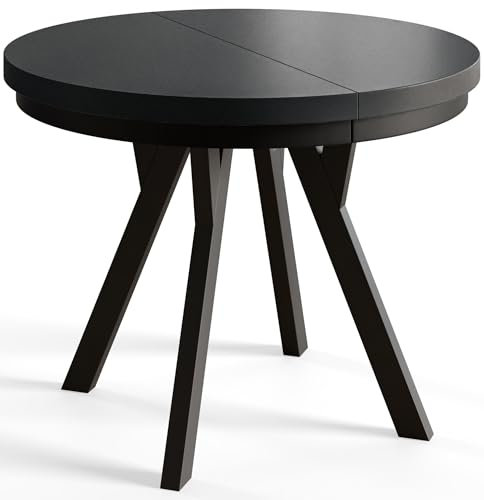 AlpiMeble Runder Esszimmertisch EVO, ausziehbarer Tisch Durchmesser: 90 cm bis 190 cm, Wohnzimmertisch Farbe: Schwarz, mit Holzbeinen in Farbe Schwarz