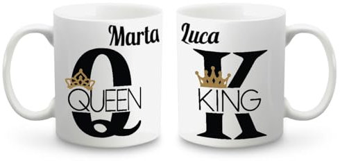 PHOTOCITY Coppia di tazze king e queen con nomi, set di tazze bianche in ceramica personalizzabili - tazza 350ml da personalizzare Idea Regalo per San Valentino, Compleanno e Natale (King e Queen)