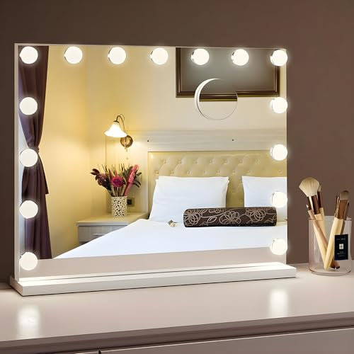 Bayt Schminkspiegel 58 x 46 cm, mit LED Beleuchtung, Hollywood Spiegel Weiß mit 15 dimmbaren Lampen, 3 Lichtmodi (warm, kalt, neutral), Touchscreen & 10x Vergrößerungsspiegel