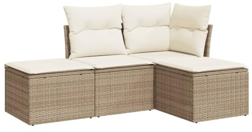 vidaXL Garten Sofagarnitur mit Kissen 4-TLG., Gartenmöbel Gartengarnitur, Sitzgruppe Sitzgarnitur, Lounge Sofa Garnitur Terrasse, Beige Poly Rattan