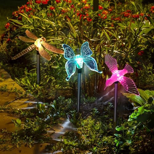 3er-Pack Solar-Gartenleuchten, mehrfarbige LED-Leuchten mit wechselnden Libellen-, Schmetterlings- und Kolibri-Formen, Außenleuchten mit Pfahl für Partydekoration, Rasen, Hof, Wegebeleuchtung