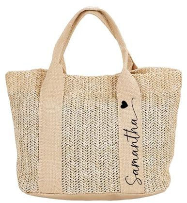 HDLOVE Personnalisés Sac De Paille Avec Nom, Mini Sac De Plage, Femmes Sac Fourre-Tout En Paille, Cadeau Pour Elle, Cadeau De Naissance, Cadeau De Demoiselle D'honneur(Color:Khaki)