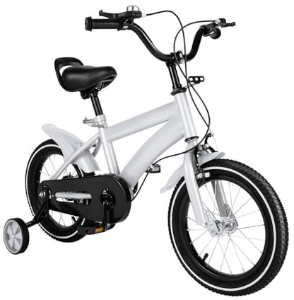 KANBCNG 14 Zoll Kinderfahrrad Fahrrad, Kinderfahrrad mit Stützrädern ab 3 Jahre Jungen & Mädchen Fahrrad Kohlenstoffstahlrahmen kinderfahrräder Höhenverstellbar mit Auto-Glocke (Weiß)