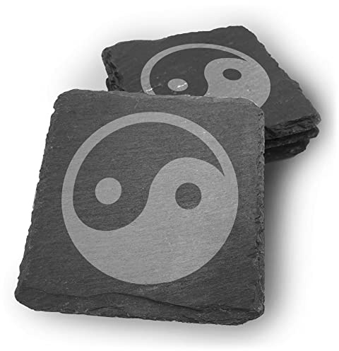 Samunshi® Schiefer Untersetzer Yin & Yang Gravur für Gläser - 4er Set Design Glasuntersetzer in dunkelgrau für Getränke, Tassen, Glas - Getränkeuntersetzer