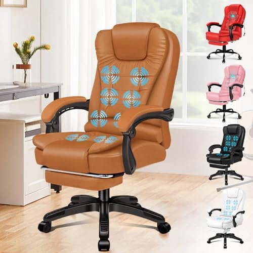 ELFORDSON Executive Office Chair with 8-point Massage Seat Heated, PC Desk Gaming Chair with Armrests Footrest High Back 150° Recliner Tilt Padded Swivel PU Leather, Brown