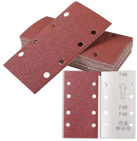 Lot de 30 feuilles de papier abrasif, Bandes Abrasives pour Ponceuse Électrique, Grain 60 93 x 185 mm Patins de Ponçage Velcro Carrés Auto-Agrippants 8 Trous
