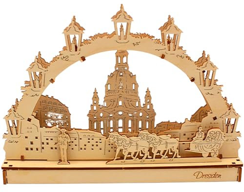 Beleuchteter Holz LED Schwibbogen als Bastelsatz, Bastelschwippogen, Schwibbogen zum selber bauen, Motiv: Dresdner Frauenkirche, Batteriebetrieben, L/B/H 21 x 4,5 x 15 cm - Made in Germany -.