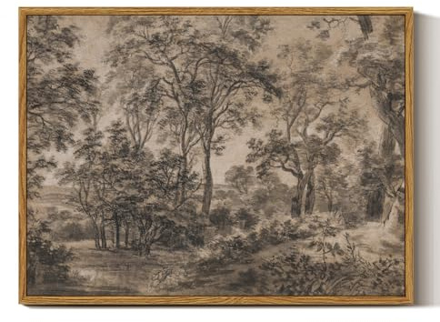 InSimSea Framed Canvas Wall Art, Vintage Wall Decor, Antique Watercolor Country Landscape Painting for Living Room, Bedroom Moody Black Sketch Retro Woodland Prints Pictures Decorations,12x16inch