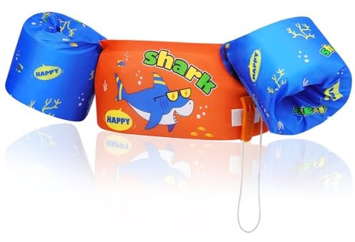 MoKo Kinder Schwimmflügel, Cartoon Schwimmende Badeanzug Schwimmtraining Jacke Schwimmflügel mit Sicherheitsschnalle für Jungen Mädchen, 20 bis 50 lb, Orange-Blau-Haie