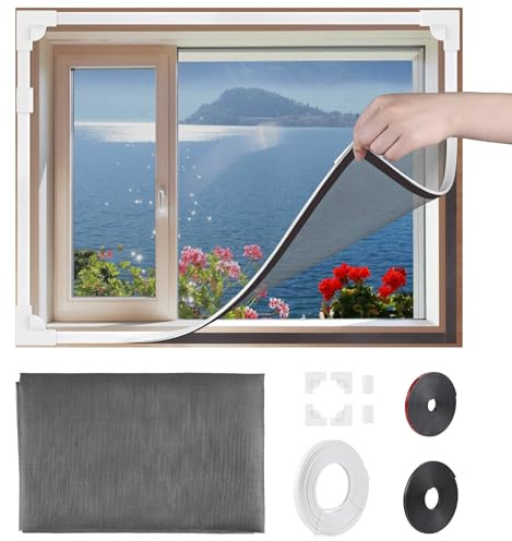 SWAWIS 150x180cm Fliegengitter Fenster Magnet, Fenstergitter Insektenschutz aus Glasfaser Ohne Bohren, DIY Fliegenvorhang Moskitonetz für Fenster, Kinderleichte Montage Grau