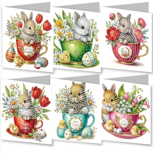 Abillyn Bunny in Cup and Easter Eggs Diamond Painting Greeting Card - Unique Handmade 5D DIY Art Card for Birthdays, Holidays & Christmas, Creative Gift for Adults (Bunny 1)
