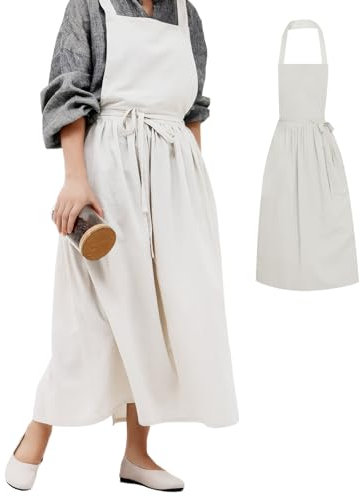 SAVOSWEET Delantal Japonés Mujer, Delantal Cruzado Espalda de Algodón Largo con Dos Bolsillos, para Restaurantes, Floristerías, Cocinas, Cafeterías, Jardines y Pintura (Gris Claro)