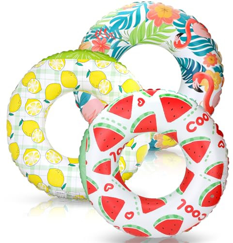 3Stück Schwimmring Erwachsene Set mit 29.5/75cm, Aufblasbarer Schwimmreifen mit Flamingo-Muster, Wassermelone & Zitrone, Sommer Wasser Schwimmreifen Groß, Pool Spielzeug für Erwachsene, Poolparty