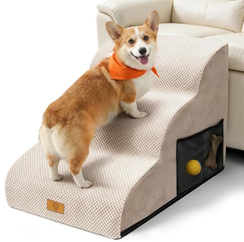 Masthome Hundetreppe 3 Stufen, Hunderampe für Bett, rutschfeste Treppe für Kleine Hunde, Treppe aus Hochdichtem Schaumstoff, Hunderampe mit Waschbar Plüschbezug für für Ältere/Verletzte Tiere