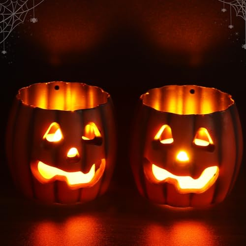 Halloween Kerzen LED Deko, 2 Stück Kürbislicht LED, Kürbis Kerze, Flammenlose Kerzen Pumpkin Licht, Teelichter Deko, Batteriebetriebene Teelichter, Halloween Dekoration Party Tischdeko für Innen