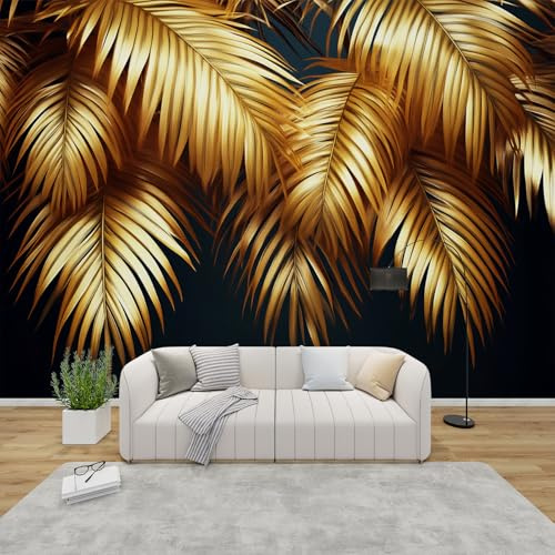 MMYAOKEN Papier Peint Panoramique Feuilles de Palmier 350x256 cm - Décoration Murale Feuille Noir et or - Tapisserie Murales Papier Peint Intissé pour Chambre Salon - Poster Tableaux Photo Muraux