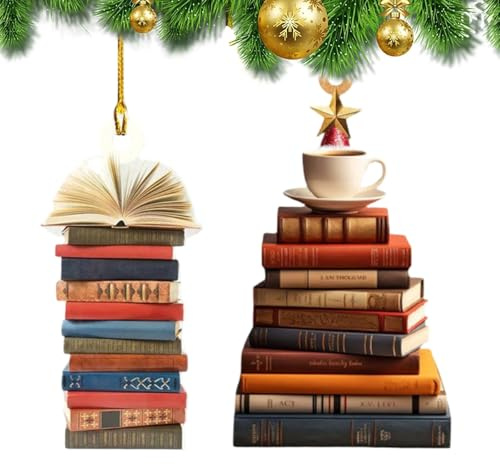 Small Libray Book Christmas Ornaments Acrylic Mini Xmas Tree Charms Decoration Set For Book Lovers Festive Hanging Decor for Party Bag Christmas Tree Garden House Window Wall Wreath - 2 Pcs