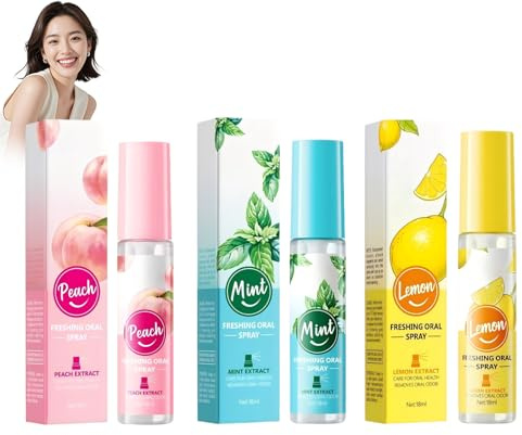 Freshing Oral Spray, Erfrischendes Mundspray 3 Geschmacksrichtungen: Minze, Pfirsich & Zitrone - Beseitigt üble Gerüche, sorgt für frische Atem alltagslang, praktisch für unterwegs