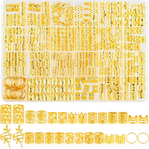 NEBURORA 260 Pcs Gold Hair Jewelry for Braids 14 Styles Loc Jewelry for Hair Dreadlock Metal Gold Braids Rings Cuffs Clips Loc Charms for Women
