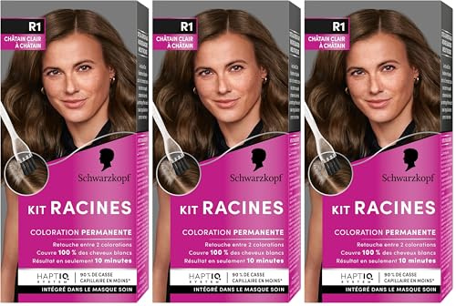 Schwarzkopf - Kit Racines - Coloration Permanente - Enrichie d’une huile nourrissante - Couverture Cheveux Blancs - Retouche entre 2 Colorations - Châtain Clair à Châtain R1 (Lot de 3)