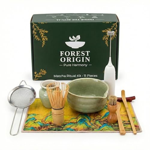 Kit Té Matcha de 11 Piezas con Batidor Eléctrico Espuma y Set Completo Accesorios Tradicionales Cuenco Ceramica Tamiz Bambú Preparacion Ritual Auténtico Iniciación Regalo Premium