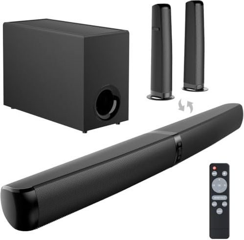 GarageRock Soundbar with Subwoofer for TV, 110W Peak 2-in-1 Sound Bar Home Theater with Adjustable Deep Bass, Bluetooth 5.3/ARC/Opt/AUX Connect, Surround Sound System for TV/PC/Projectors/Gift, 1 Set
