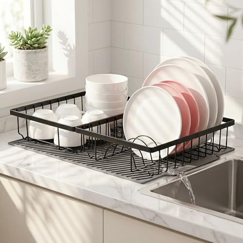 ROFAY Modulares Abtropfgestell mit Silikonmatte, 2-teiliges ausziehbares Abtropfgestell aus Metall für Küchentheke, rostfreier Teller-Organizer & kleines Schüsselgestell mit integriertem Ablaufauslauf