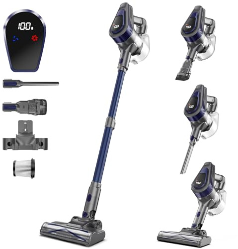 Aspirateur Balai sans Fil, 300W Aspirateur sans Fil Puissant, 45Min Autonomie, Brosse Anti-emmêlement, Batterie Amovible, Aspirateur sans Sac avec LED Écran pour Tapis Poils d'animaux Sol Dur