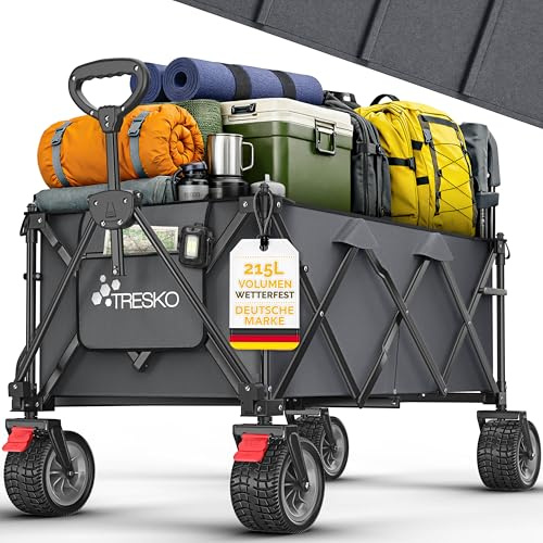 TRESKO® Bollerwagen faltbar 215L mit Bremse | Handwagen klappbar 150kg | Transportwagen inkl. Vollgummireifen | Faltbarer Strandwagen Extra Breite All-Terrain-Räder | Campingwagen mit Tragetasche