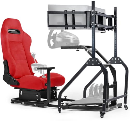 Anman Rennsimulator-Cockpit mit roten Velours-Sitzen Halterung für drei Monitore, passend für Logitech G25 G27 und G29,Gaming-Cockpit, ohne Schalthebel und Pedal