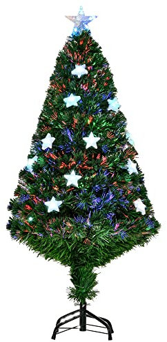 HOMCOM 4FT Prelit Artificial Christmas Tree Fibre Optic Star LED Light Holiday Home Xmas Decoration with LED Light for Indoor Party, Green