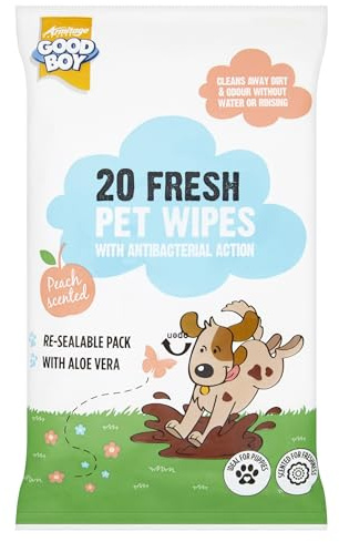 Good Boy PET WIPES PEACH SCENTED WIPES WITH ALOE VERA - REMOVES DIRT & ODOUR WITHOUT WATER OR RINSING 20 WIPES, Clear