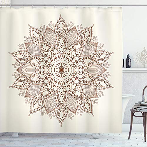 ABAKUHAUS Retro Duschvorhang, Blumen-Spitze, Stoffliches Gewebe Badezimmerdekorationsset mit Haken, 175 x 200 cm, Braun Elfenbein