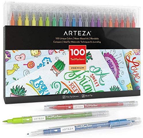 ARTEZA Lot de 100 feutres double pointe | 100 couleurs éclatantes | Feutre coloriage pointe fine et feutre pinceau | Feutres calligraphie | Feutre mandala | Feutres coloriage adultes et enfants