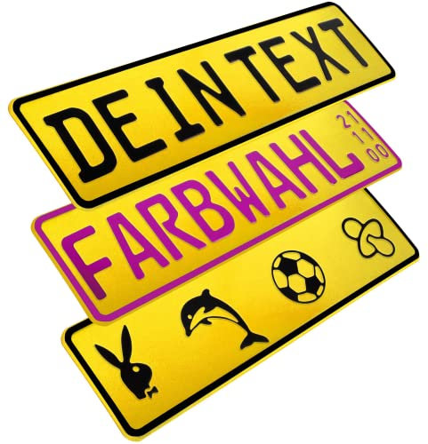 L & P Car Design FKZ 1 Stück Fun Kennzeichen 52cm x 11cm Wunschtext Bohrung Beschichtungsfarbe Individuell Wunschkennzeichen Wunschprägung Namenskennzeichen Namensschild Farbe GELB