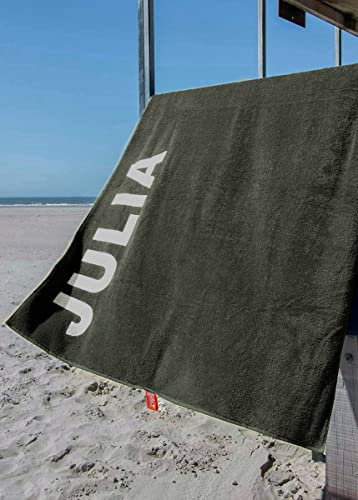 S< S< Strandtuch mit Name - personalisierte Bedrucking - XXL Saunatuch - Strandtuch 100x200 aus Baumwolle (Olivgrün)