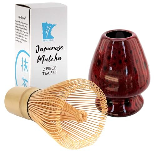 Ensemble fouet à thé matcha – Chasen en bambou et support pour fouet rouge avec support noir
