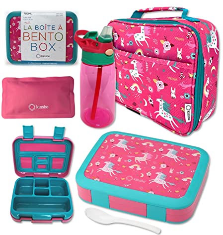 Bento Lunch Box with Insulated Bag, Water Bottle Ice Pack Set for Kids Toddlers, 5 Portion Sections, BPA Free Removable Tray, Pre-School Kid Toddler Daycare Lunches, Snack Container, Pink Unicorn