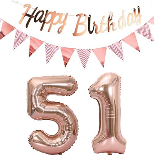 Luftballons 51.geburtstag deko frauen rosegold+Happy Birthday Girlande +Wimpelkette 40Zahlen Ballon 51 Luftballons 51 Jahre Geburtstag Dekoration frau Geburtstagdeko 51 Geburtstag deko rosegold(51)
