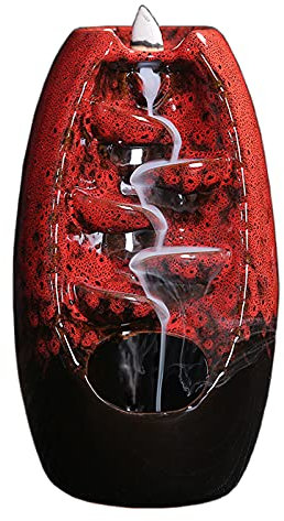 xunfu Bruleur Encens Cascade, Fontaine a Encens en CéRamique avec 60 Encens Cone et 1 Coussin, pour AromathéRapie et DéCoration IntéRieure, Rouge Grand Nouveau