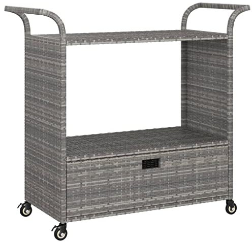vidaXL Barwagen mit Schublade 4 Rollen Servierwagen Teewagen Küchenwagen Beistellwagen Arbeitswagen Gartenwagen Grau 100x45x97cm Poly Rattan