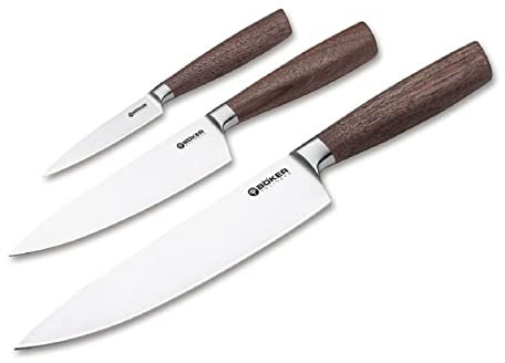 Böker Manufaktur Solingen Core Messertrio mit Geschirrtuch Kochmesser Set 3-teilig X50CrMoV15/Walnussholz Braun, 130791SET