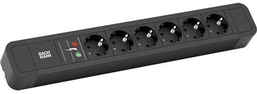 BACHMANN - Primo 2 - Steckdosenleiste 6-Fach mit Überspannungsschutz. 6fach Steckdosenleiste aus Aluminium in schwarz. Kabellänge 2m HO5VV-F 1,50qmm