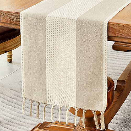 Wracra Makramee Baumwolle Leinen Tischläufer 230cm lang mit Hand-Quasten Kaffee Tisch Läufer, Bauernhaus-Stil Tabelle Läufer für Urlaub Parteien und alltäglichen Gebrauch(Leichter Kaffee, 230cm)