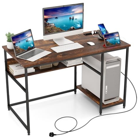 COSTWAY Computer Desk, 120CM Study Table Writing Workstation with Storage Shelf and CPU Stand, Wooden PC Laptop Table Gaming Working Desk for Home Office Bedroom, 120 x 60 x 75cm (Rustic Brown)
