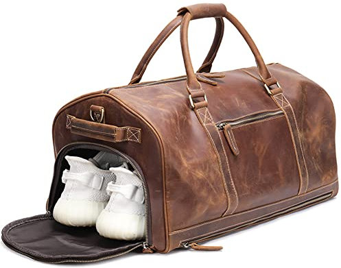 ELMAIN Leder-Reisetasche mit Schuhbeutel, wasserdichte Weekender-Übernachtungstasche, große Handgepäcktasche für Männer und Frauen, Kaffeefarbe